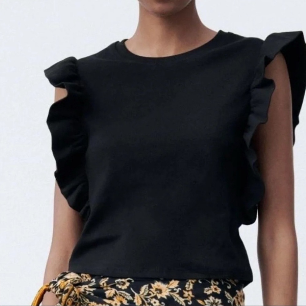 NWT Zara Women's Crop Black Ruffle Flutter Sleeve Top Black M